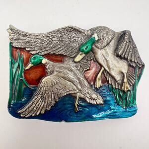 Vintage 70s Bergamot Pewter Enamel Ducks Belt Buckle Marshland Hunting Mallard